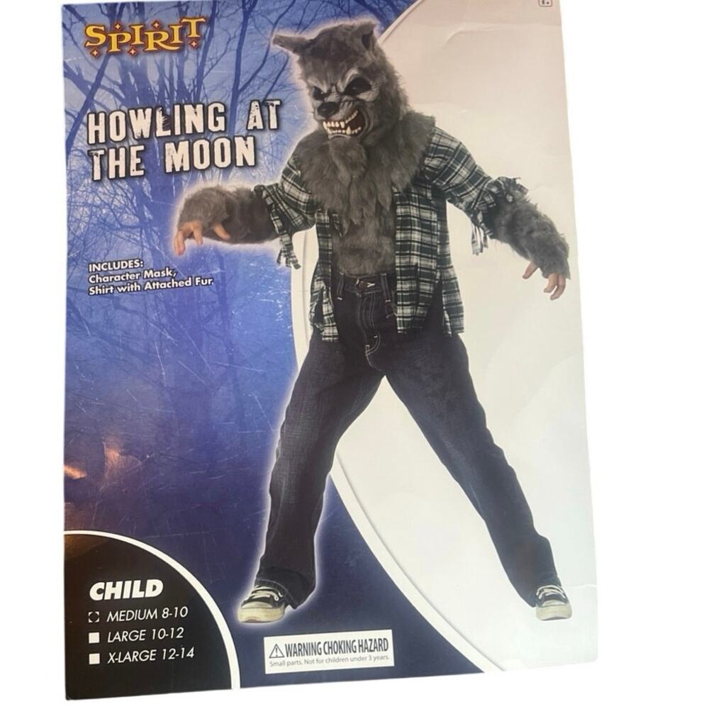 Spirit Halloween gray Werewolf Howling at moon costume cosplay child Med 8-10